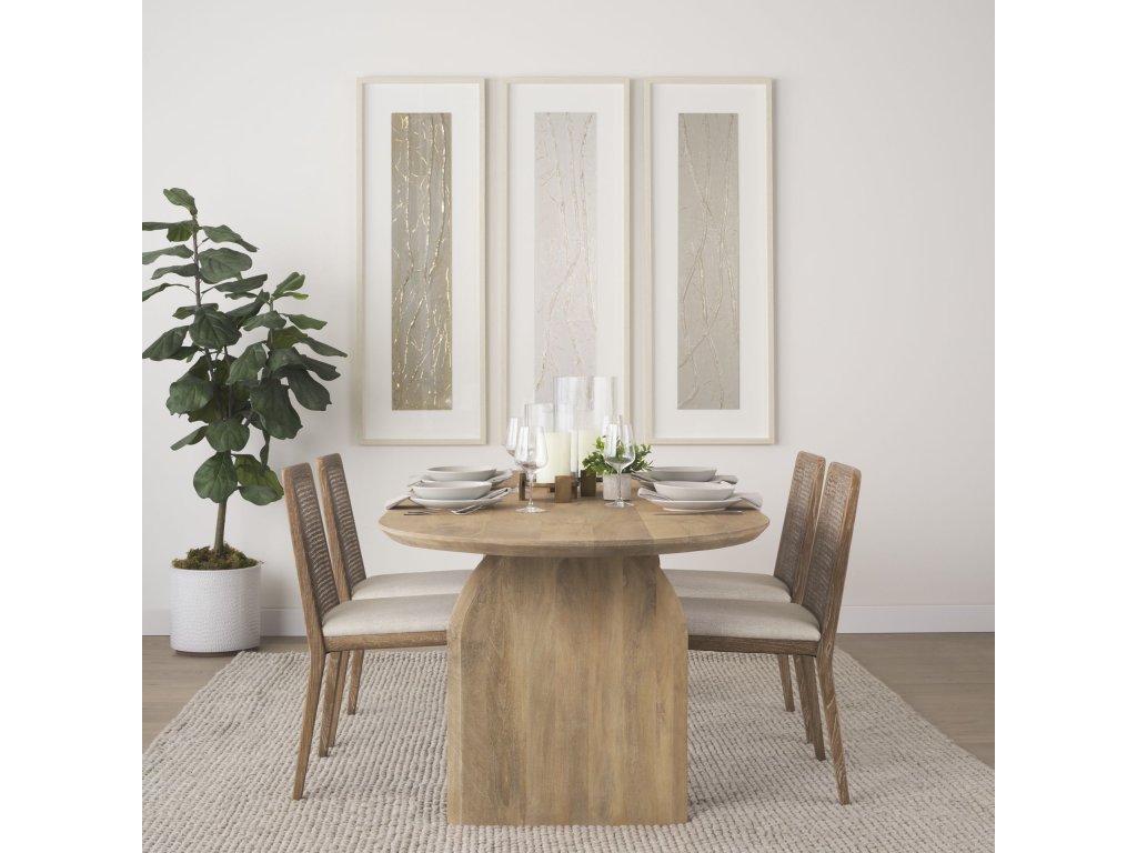Light Brown Wood w/ Cream Fabric Seat and Cane Back Armless Dining Chair