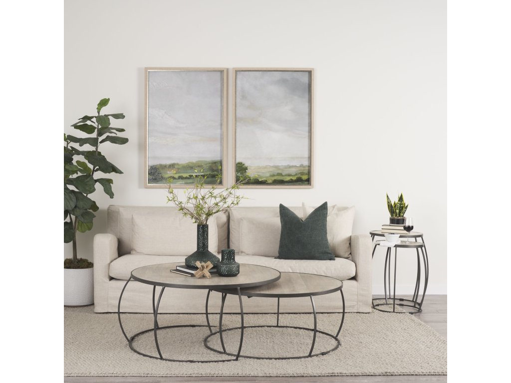 Round Light Brown w/ White Wash Wood and Silver Metal Nesting Coffee Tables (Set of 2)