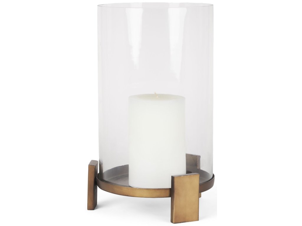 Large Antiqued Gold Metal w/ Glass Hurricane Candle Holder