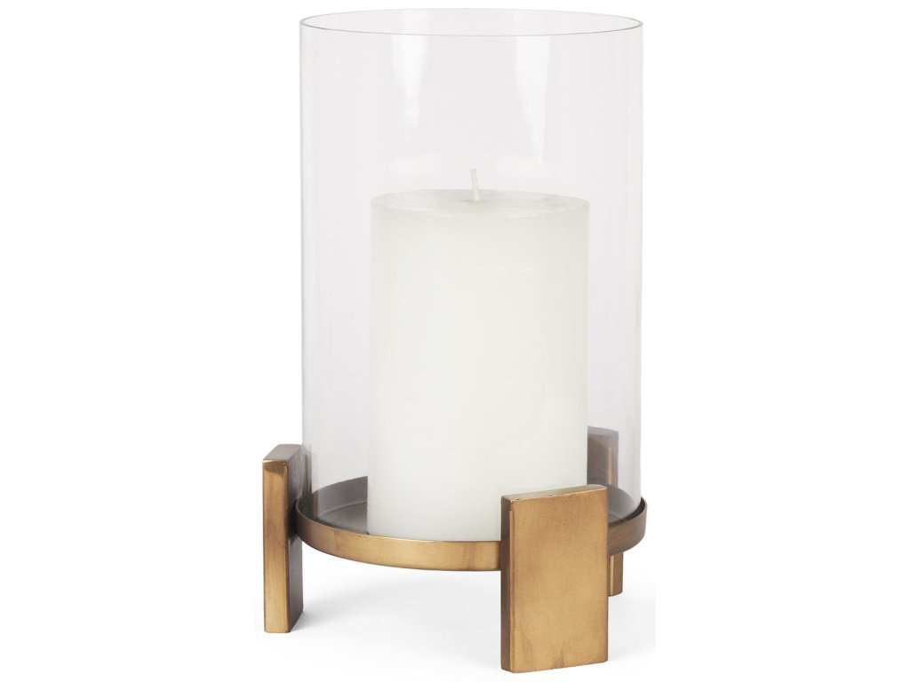 Small Antiqued Gold Metal w/ Glass Hurricane Candle Holder