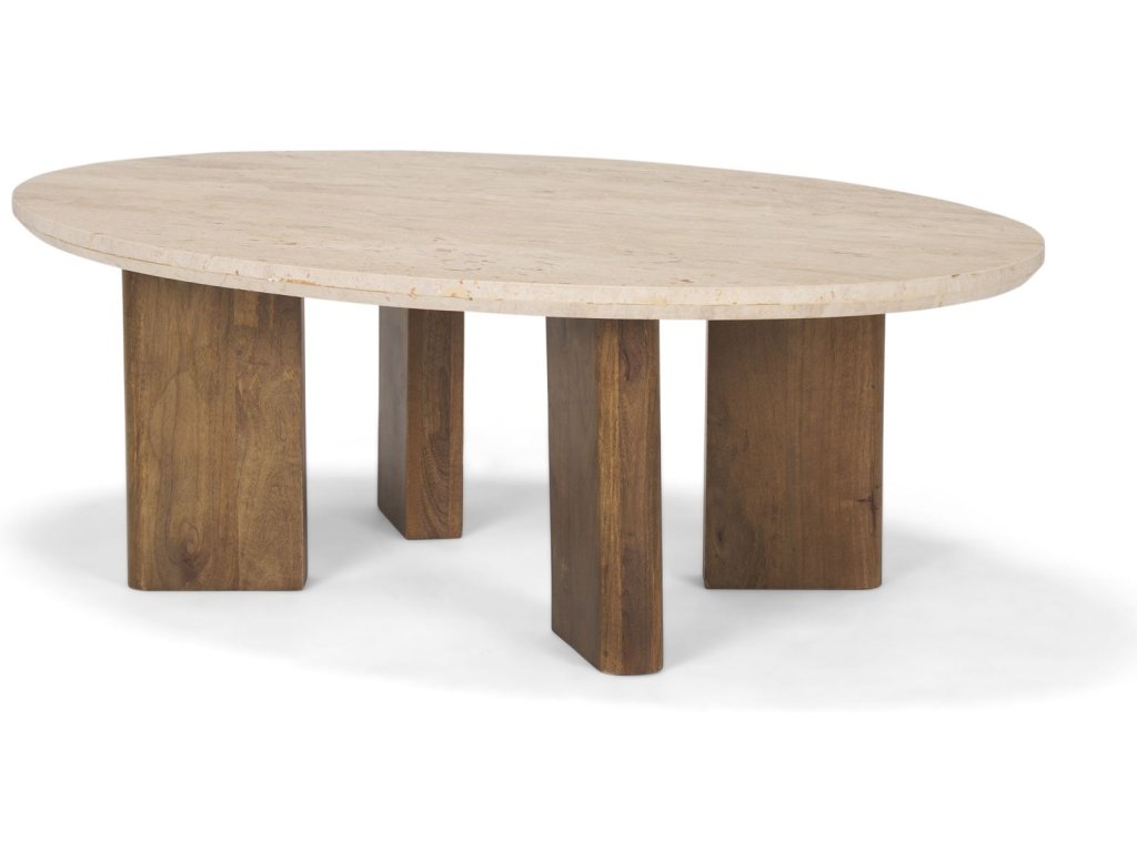 Travertine + Mango Wood Leg Oval Coffee Table