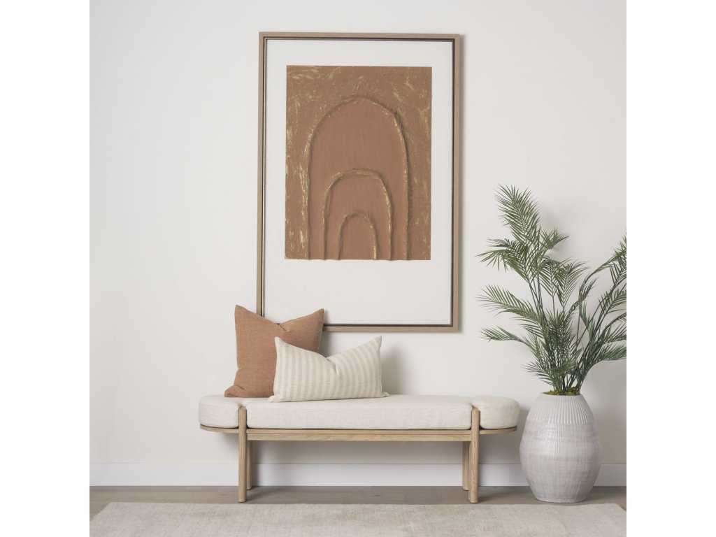 Light Brown Elm Wood w/ Oatmeal Fabric Bench