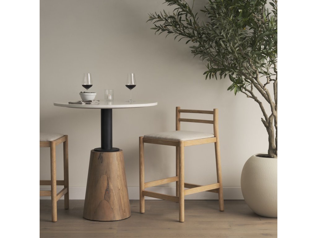 Counter Stool w/ Light Brown Wood Frame and Beige Upholstered Seat