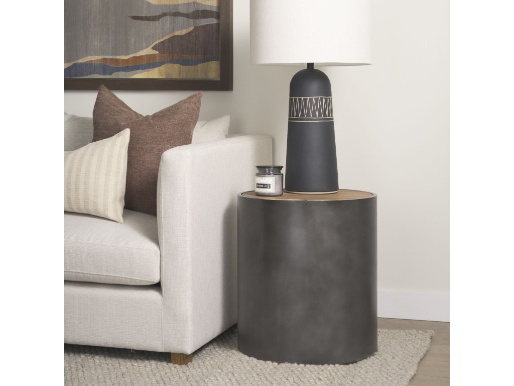 Gunmetal Gray Drum Base w/ Brown Wood Top End/Side Table - Alternative View