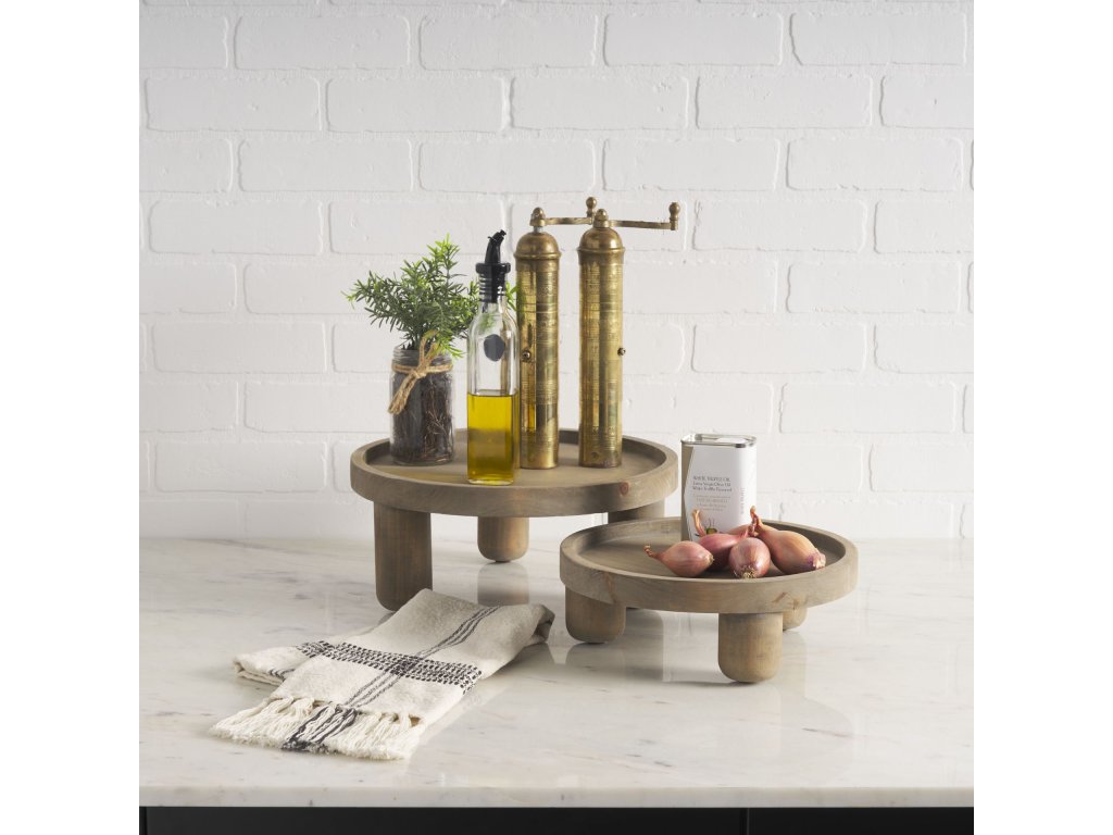 Round Light Brown Wood w/ Gray Wash Wooden Trays