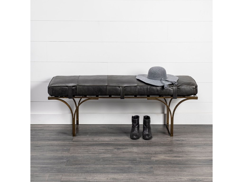 55L x 16W Black Leather Seat w/Gold Metal Base Accent Bench