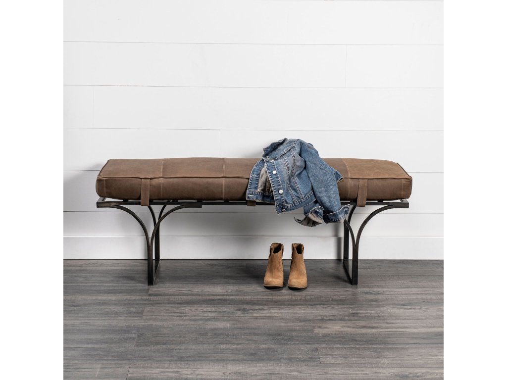 55L x 16W Brown Leather Seat w/Black Metal Base Accent Bench - Alternative View