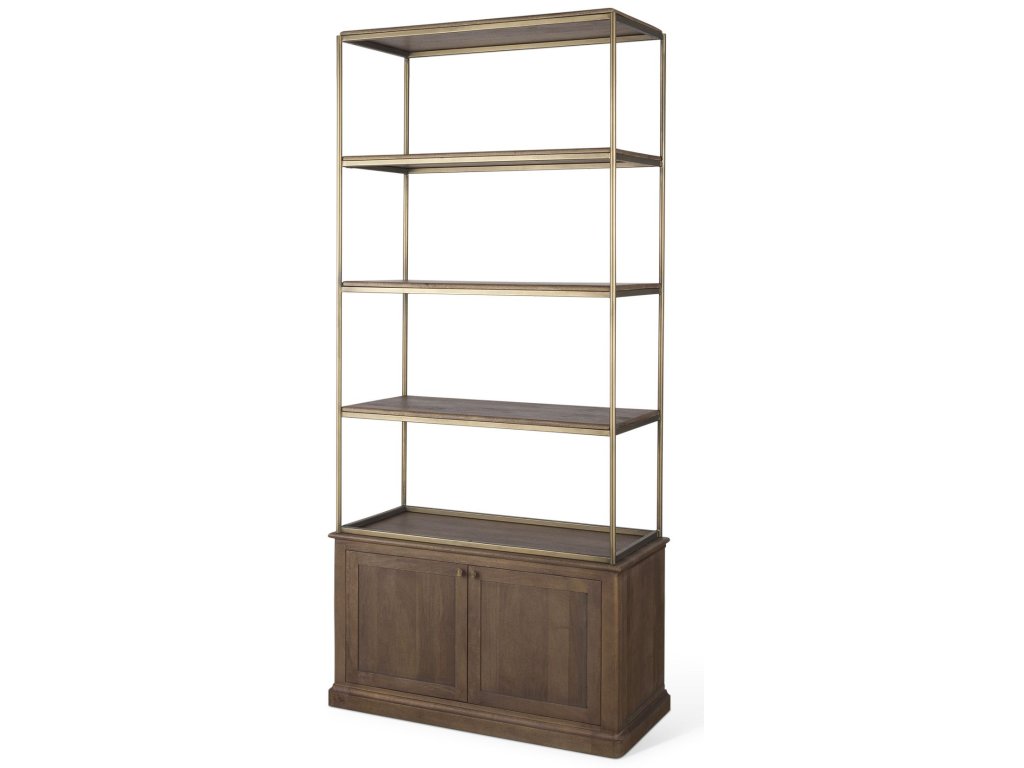 Dark Brown Wood w/ Antiqued Aged Brass Metal 2-Door Open Shelving Unit