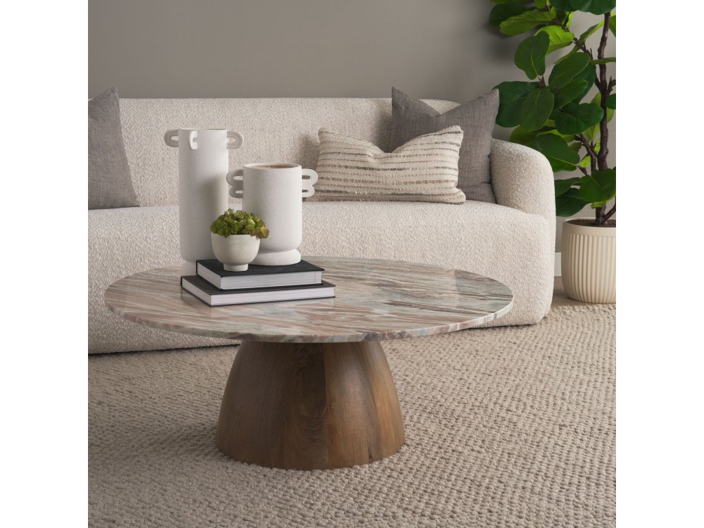 Round Brown Pedestal w/ Pink Marble Top Coffee Table