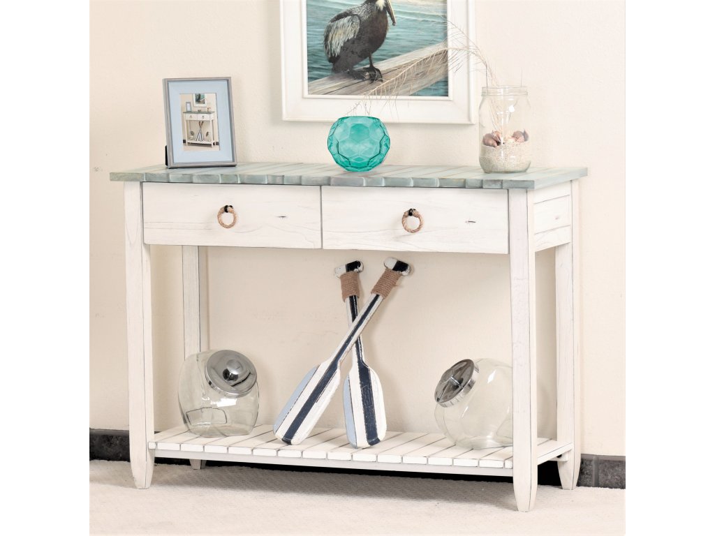 Sea Winds Picket Fence Console Table in Distressed Bleu/White - Alternative View
