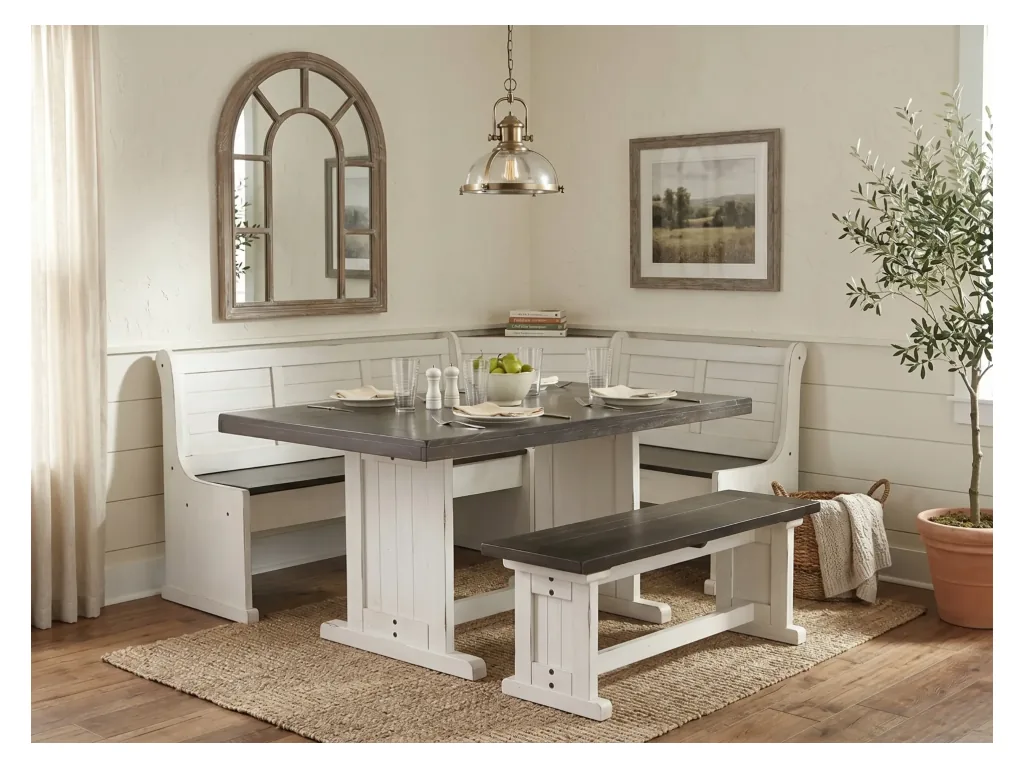 Carriage House Breakfast Nook 4 PC Set in European Dark with Cottage White