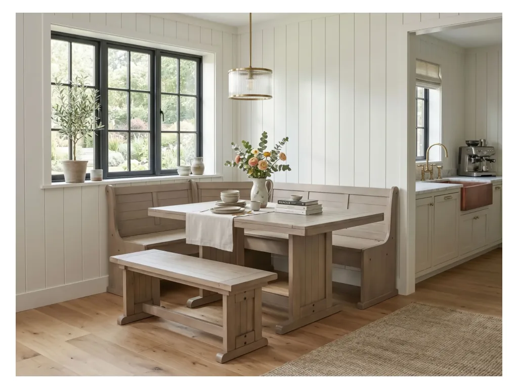 Breakfast Nook Long Bench & Corner Back Wood Seat in Hazelnut - primary view