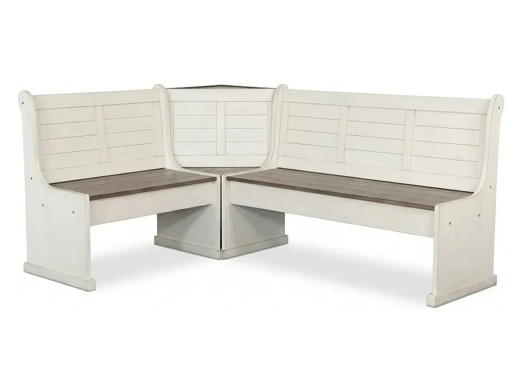 Pasadena Breakfast Nook Long Bench & Corner Back Wood Seat in Marble White/Buckskin