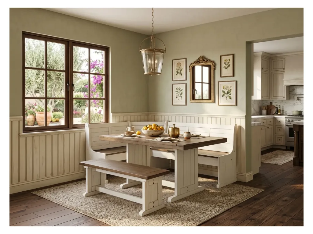 Pasadena Breakfast Nook Side Bench Wood Seat in Marble White/Buckskin