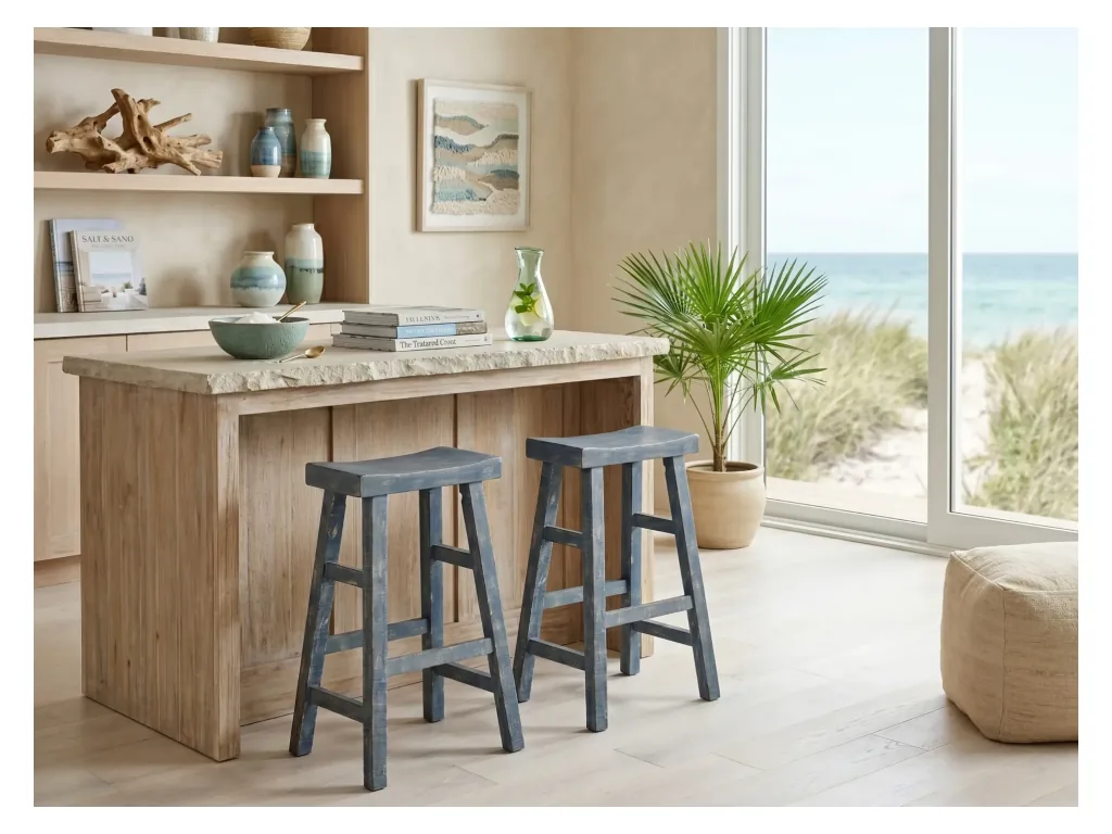 Ocean Blue 30"H Saddle Seat Stool Wood Seat