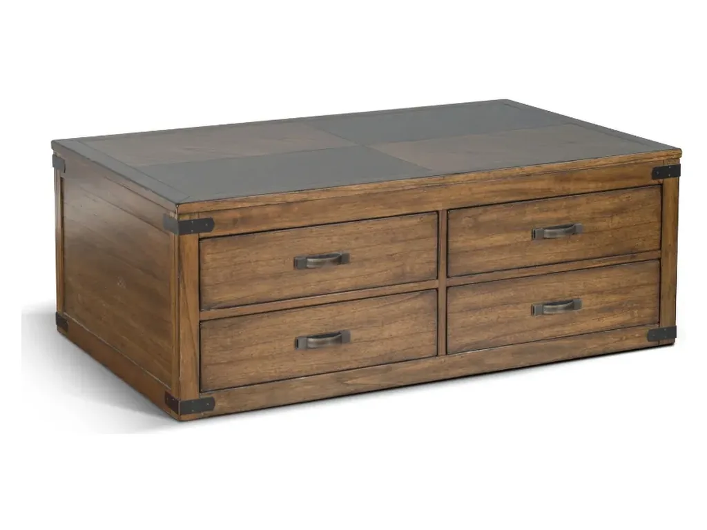 Coffee Tbl With 4 Drawers & Casters Corner Metal Accent