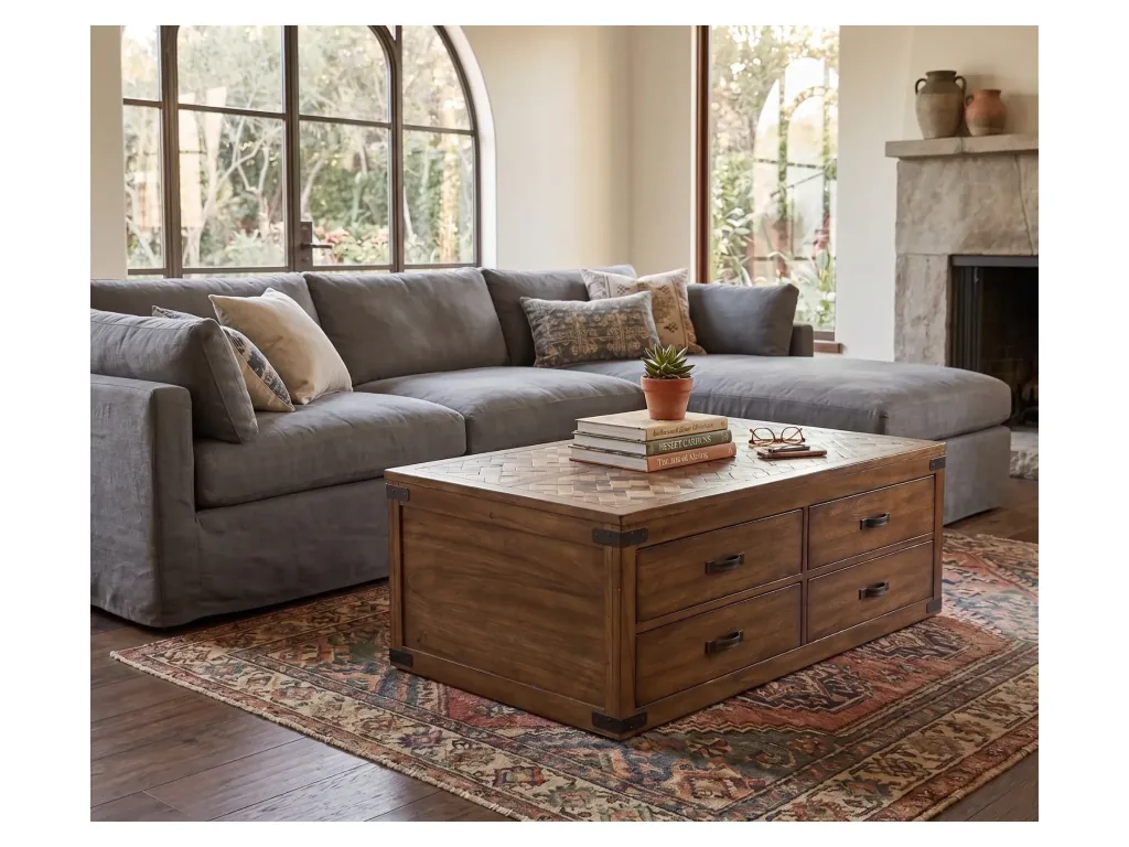 Coffee Tbl With 4 Drawers & Casters Corner Metal Accent