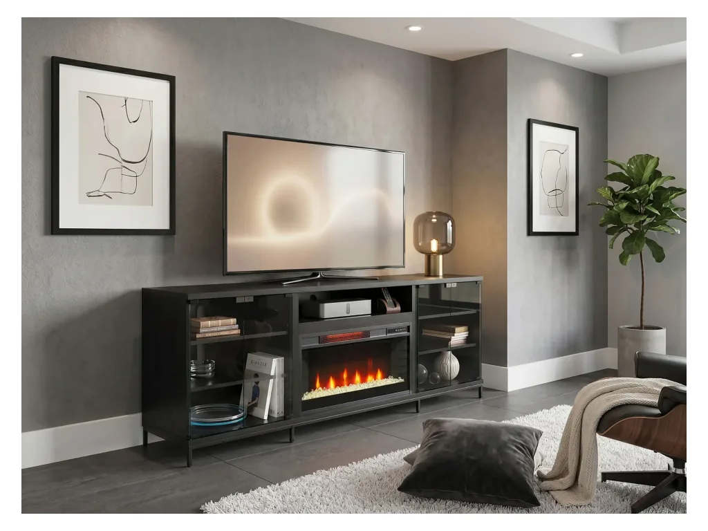 70" Newport Black Melamine Media Console With Fireplace Insert Option (2001B-28)