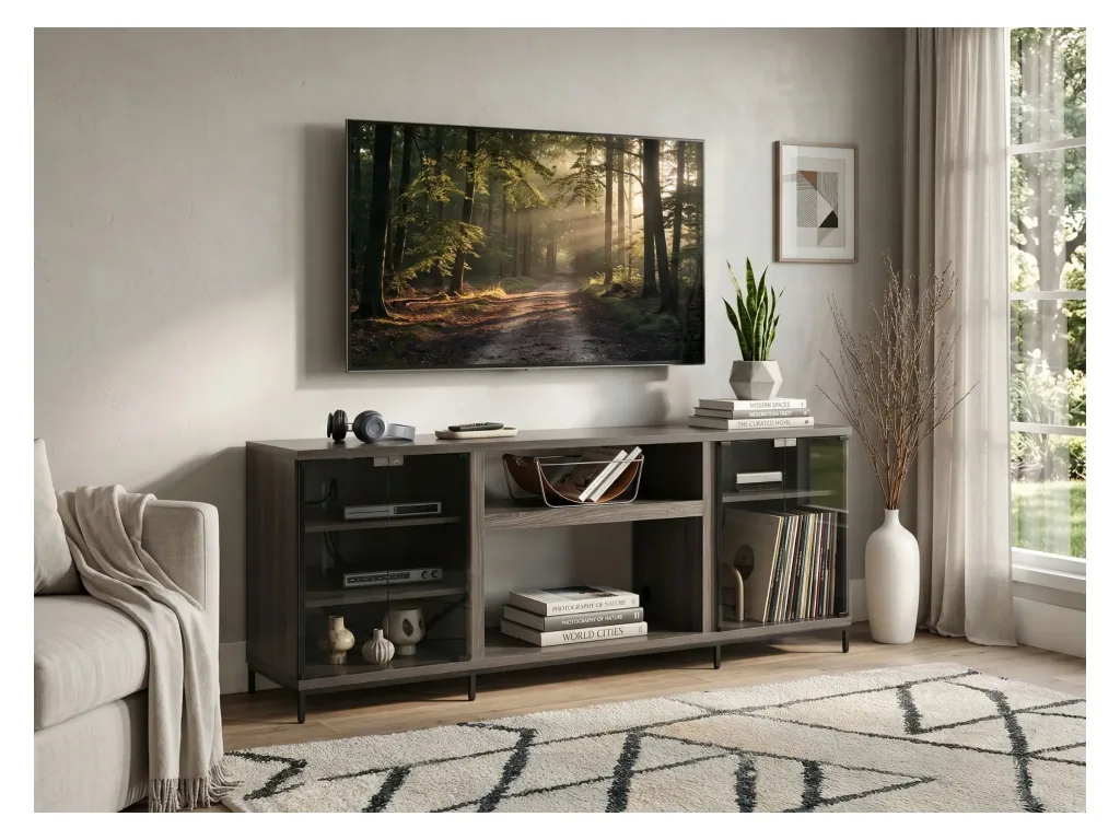 70" Newport Gray Melamine Media Console With Fireplace Insert Option (2001B-28)