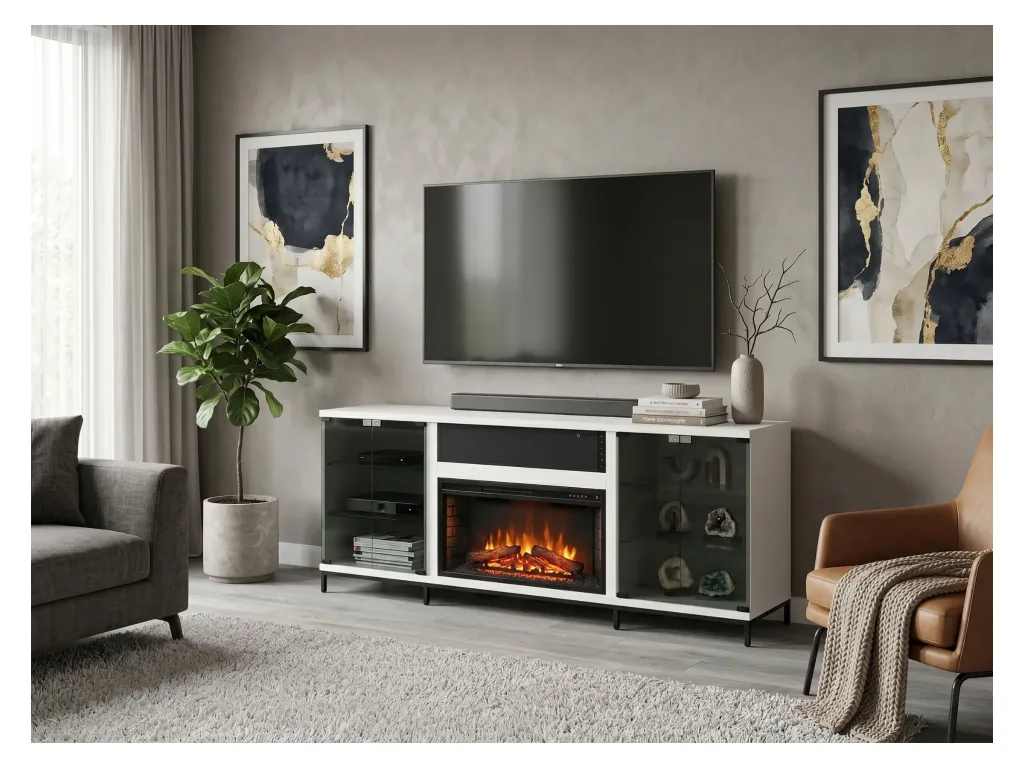 70" Newport White Melamine Media Console With Fireplace Insert Option (2001B-28)