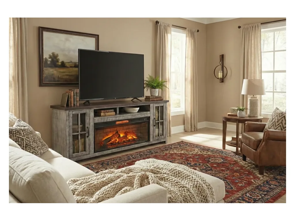 76" Plantation Tobacco/Alpine Gray Media Console With 42" Fireplace Option (3658)