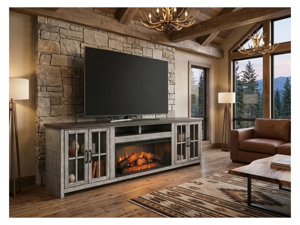 98" Plantation Tobacco/Alpine Gray Media Console With 42" Fireplace Option (3658)