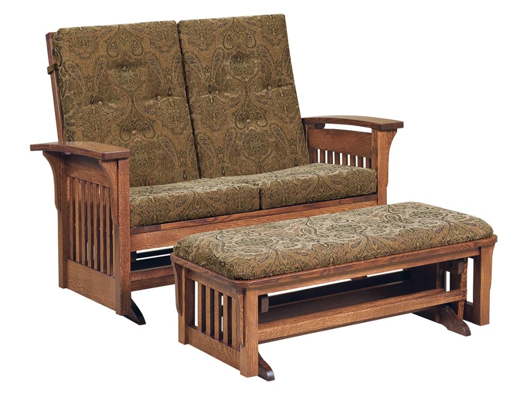 Amish Furniture of NE Bow Arm Slat Loveseat Glider with Ottoman Glider Swivels & Glider