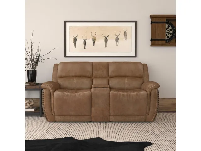 Beau Silt Fabric Power Reclining Loveseat with Console & Power Headrests - Alternative View