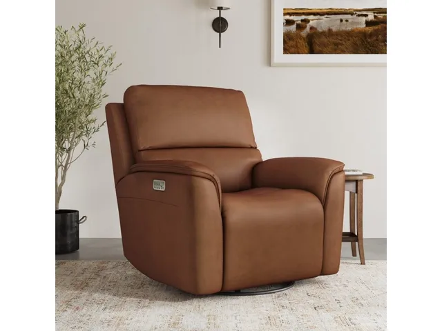 Henry Caramel Leather Power Swivel Gliding Recliner with Power Headrest, Lumbar, Heat & Massage - Alternative View