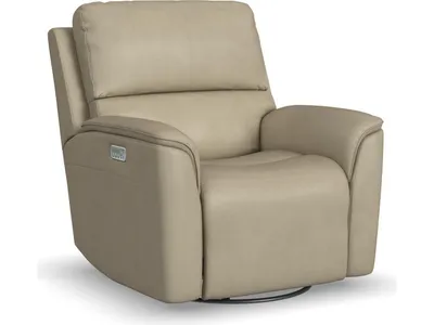 Henry Beige Leather Power Swivel Gliding Recliner with Power Headrest, Lumbar, Heat & Massage