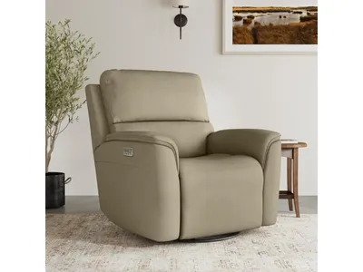 Henry Beige Leather Power Swivel Gliding Recliner with Power Headrest, Lumbar, Heat & Massage - Alternative View