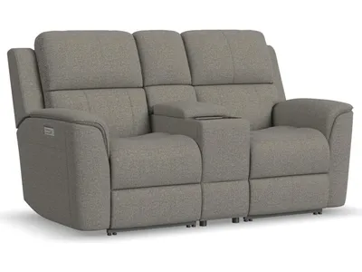 Henry Fog Fabric Power Reclining Loveseat with Console & Power Headrests & Lumbar