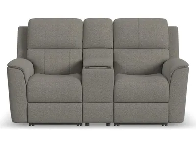 Henry Fog Fabric Power Reclining Loveseat with Console & Power Headrests & Lumbar