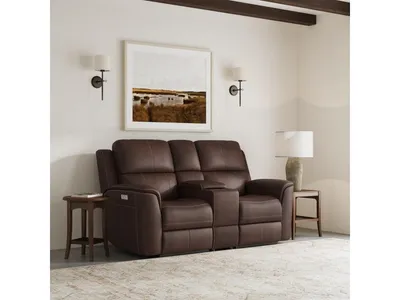 Henry Burnt Umber Leather Power Reclining Loveseat with Console & Power Headrests & Lumbar
