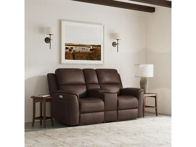 Henry Burnt Umber Leather Power Reclining Loveseat with Console & Power Headrests & Lumbar - Alternative View