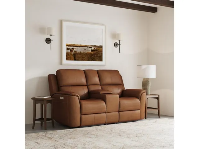 Henry Caramel Leather Power Reclining Loveseat with Console & Power Headrests & Lumbar - Alternative View