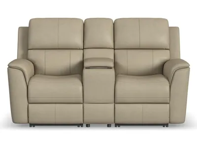 Henry Beige Leather Power Reclining Loveseat with Console & Power Headrests & Lumbar