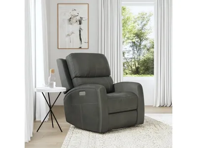 Linden Charcoal Leather Power Swivel Gliding Recliner with Power Headrest, Lumbar, Heat & Massage - Alternative View