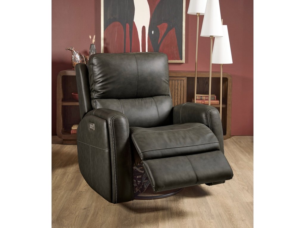 Linden Charcoal Leather Power Swivel Gliding Recliner with Power Headrest, Lumbar, Heat & Massage - image 5