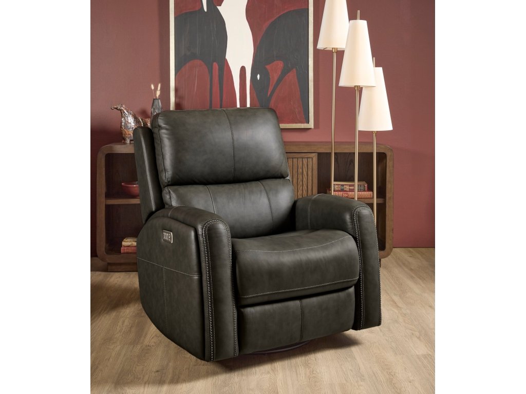 Linden Charcoal Leather Power Swivel Gliding Recliner with Power Headrest, Lumbar, Heat & Massage - image 6