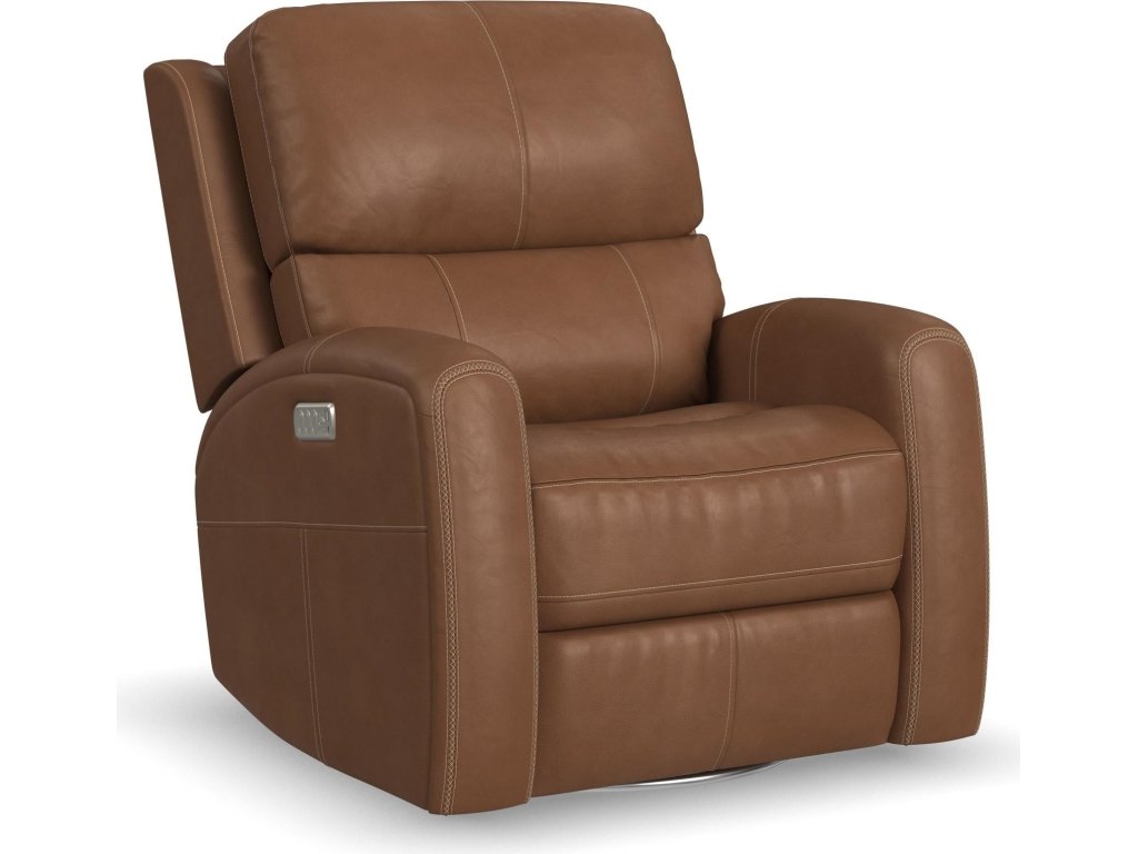 Linden Caramel Leather Power Swivel Gliding Recliner with Power Headrest, Lumbar, Heat & Massage - main image