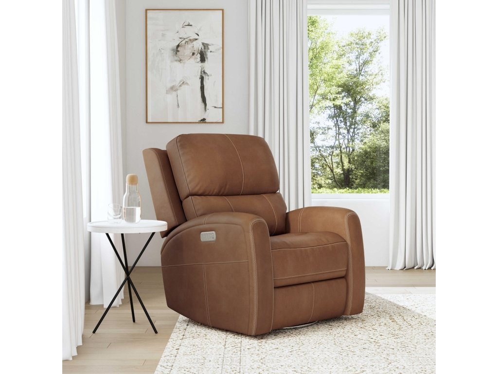 Linden Caramel Leather Power Swivel Gliding Recliner with Power Headrest, Lumbar, Heat & Massage - image 1