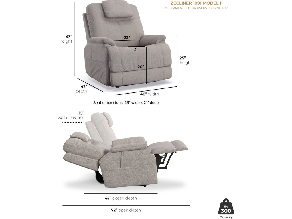 Zecliner Model 1 Dove Fabric Power Lift Sleep Chair - image 4