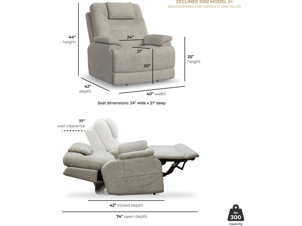 Zecliner Model 2+ Dove Fabric Power Lift Recliner with Power Headrest, Lumbar, Heat & Massage - image 4