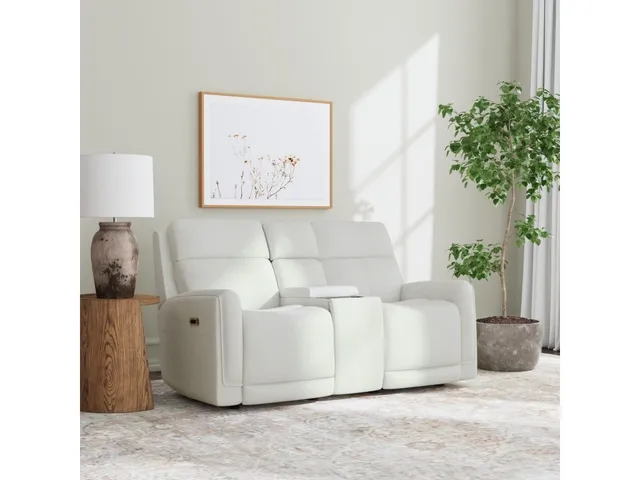 Alister Porcelain Leather Power Gliding Loveseat with Console, Power Headrests & Lumbar - Alternative View
