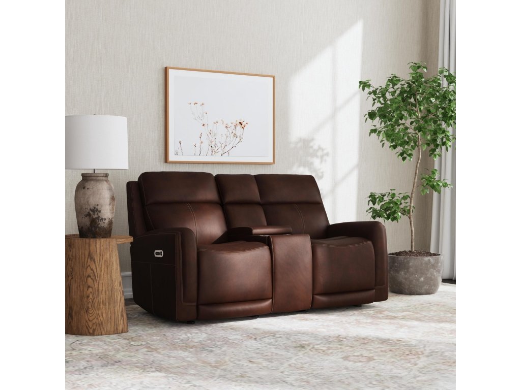 Alister Burnt Umber Leather Power Gliding Loveseat with Console, Power Headrests & Lumbar - image 1