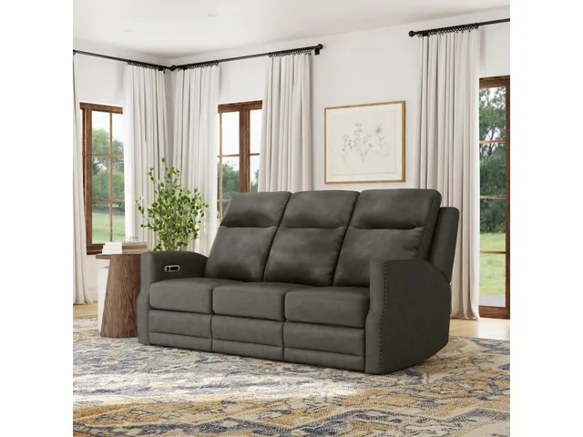 Maxwell Cinder Leather Power Reclining Sofa with Power Headrests and Lumbar