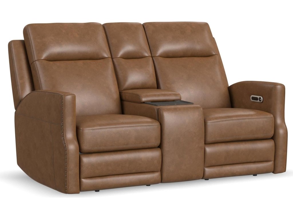 Maxwell Cedar Leather Power Reclining Loveseat with Console, Power Headrests and Lumbar - main image