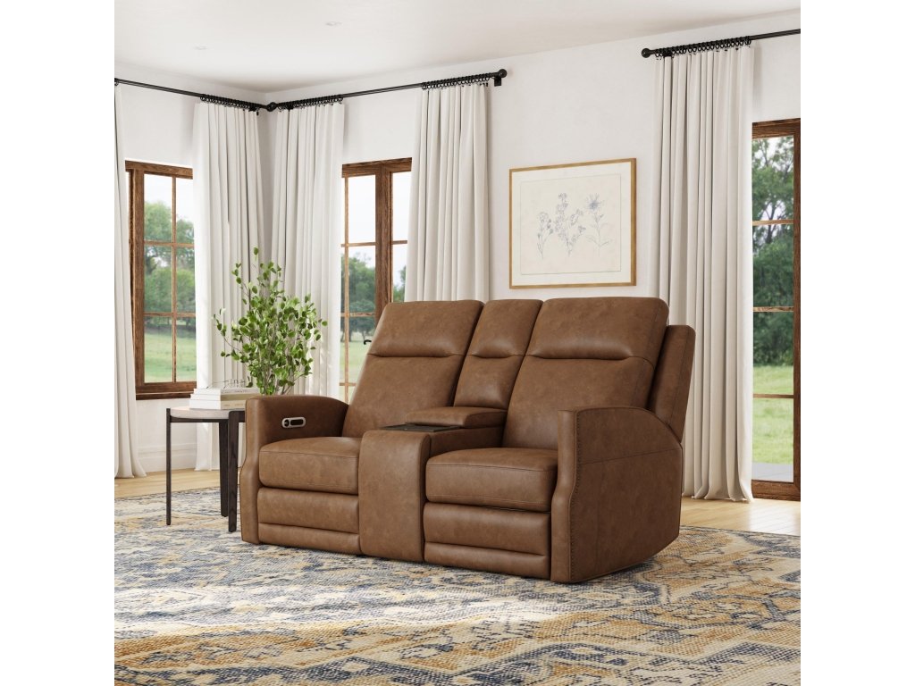 Maxwell Cedar Leather Power Reclining Loveseat with Console, Power Headrests and Lumbar - image 1