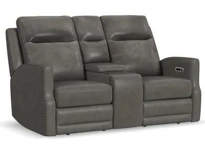 Maxwell Cinder Leather Power Reclining Loveseat with Console, Power Headrests and Lumbar